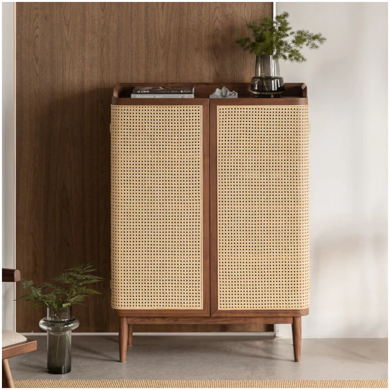 Suryavanshi Sheesham Wooden Cane Shoe Rack Cabinet Storage with 2 Door & Shelf Storage for Entryway, Living Room, Balcony & Home, Walnut Finish, Rattan Cabinet (84 L x 35.5 W x 117 H CM)
