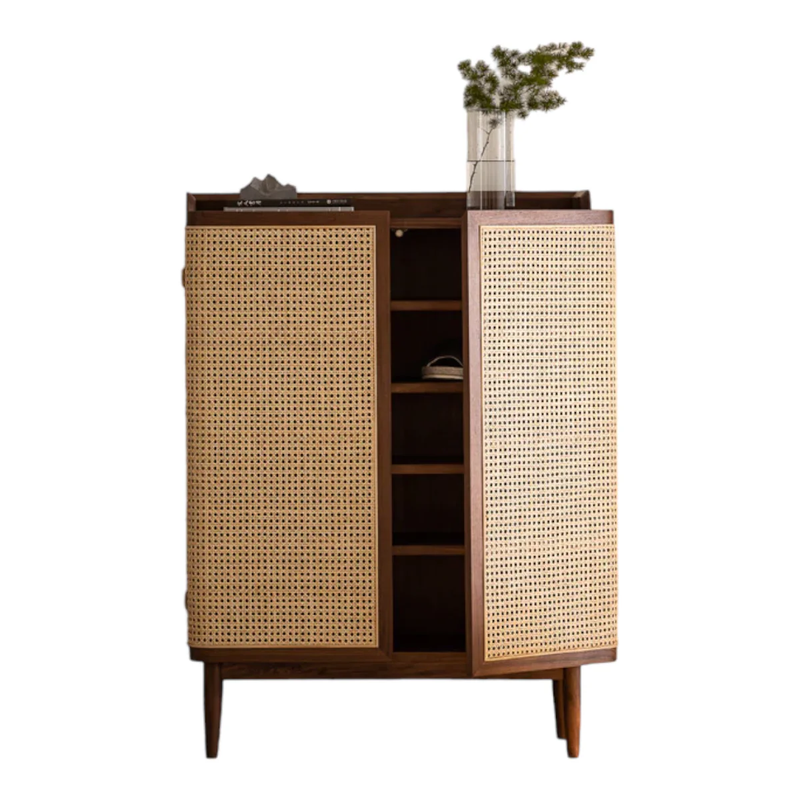 Suryavanshi Sheesham Wooden Cane Shoe Rack Cabinet Storage with 2 Door & Shelf Storage for Entryway, Living Room, Balcony & Home, Walnut Finish, Rattan Cabinet (84 L x 35.5 W x 117 H CM)