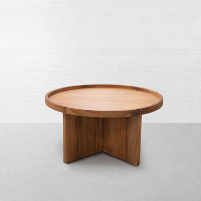 Suryavanshi Solid Acacia Wood Round Coffee Table for Living Room | Natural Finish Center Table with Modern Cross-Leg Base | Handcrafted Wooden Accent Table