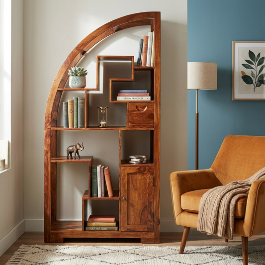 Suryavanshi Sheesham Wood Book Rack – 1 Door, 1 Drawer, Half Round Shape (Semicurcular, W90 D40 H180 cm)