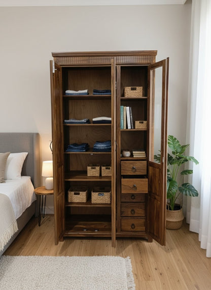 Uniq Sheesham Wood 3 Door Wardrobe with Mirror & Drawers for Bedroom – Natural Honey Finish