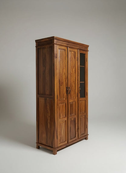 Uniq Sheesham Wood 3 Door Wardrobe with Mirror & Drawers for Bedroom – Natural Honey Finish