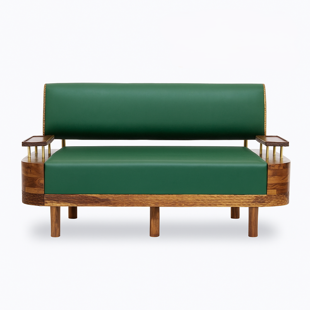 Verdant Luxe Mid-Century Sofa – Solid Sheesham Wood Frame with Olive Green Leather (Customized fabric available)