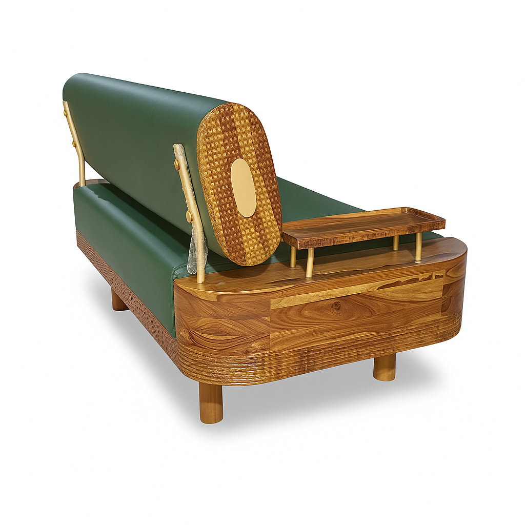 Verdant Luxe Mid-Century Sofa – Solid Sheesham Wood Frame with Olive Green Leather (Customized fabric available)