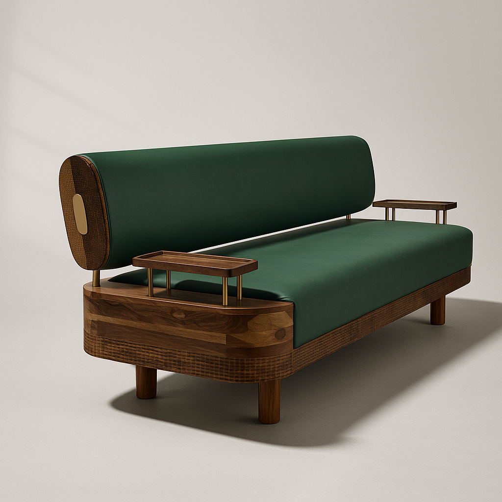 Verdant Luxe Mid-Century Sofa – Solid Sheesham Wood Frame with Olive Green Leather (Customized fabric available)
