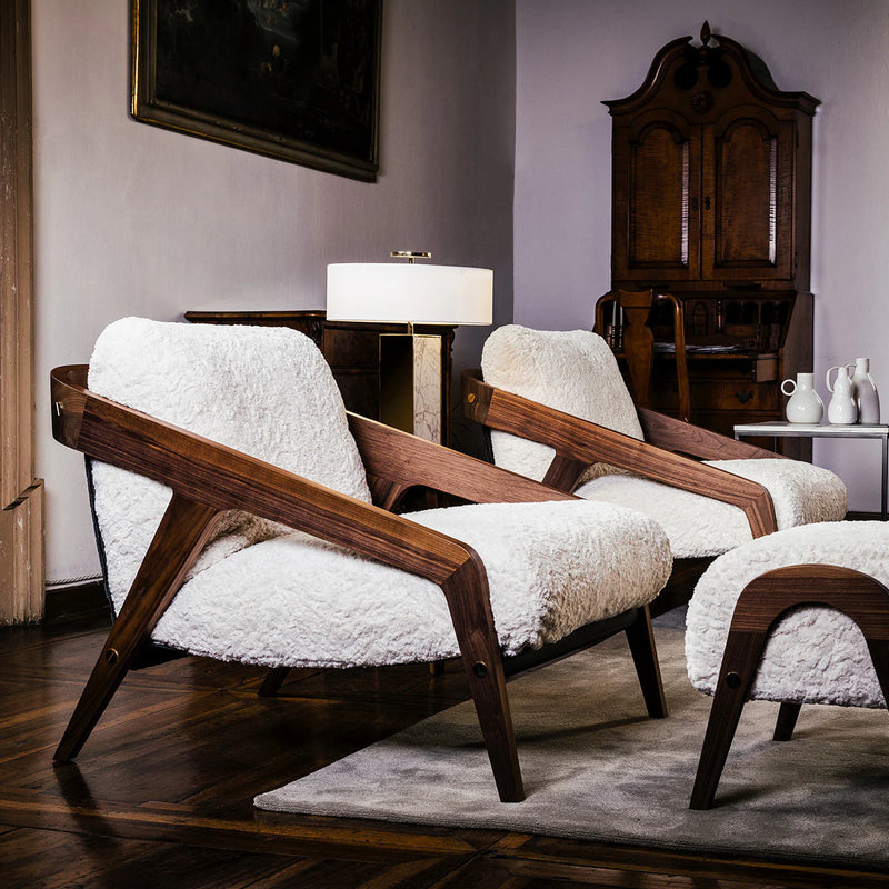 Suryavanshi NordicLuxe Wooden Lounge Armchair And Ottoman with Shearling-Style Upholstery – Cozy &amp; Modern Accent Seating