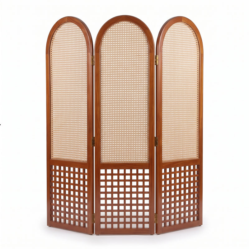 Suryavanshi Arched Sheesham Wood Room Divider with Natural Cane Weave - Foldable 3 Panel Screen