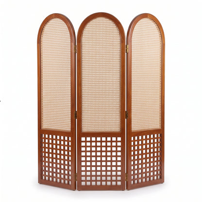 Suryavanshi Arched Sheesham Wood Room Divider with Natural Cane Weave - Foldable 3 Panel Screen