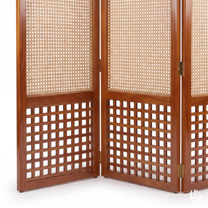 Suryavanshi Arched Sheesham Wood Room Divider with Natural Cane Weave - Foldable 3 Panel Screen