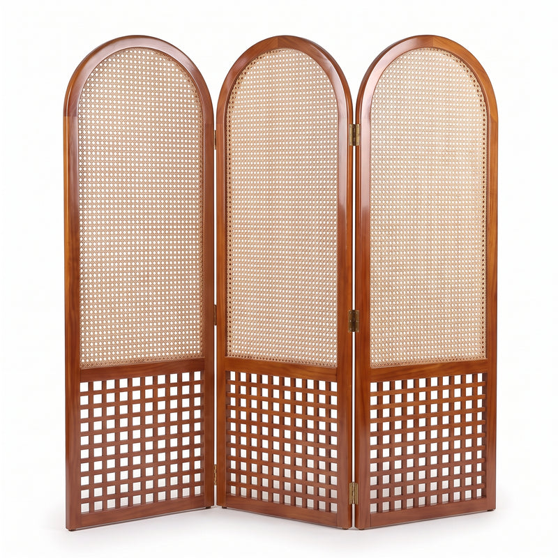 Suryavanshi Arched Sheesham Wood Room Divider with Natural Cane Weave - Foldable 3 Panel Screen