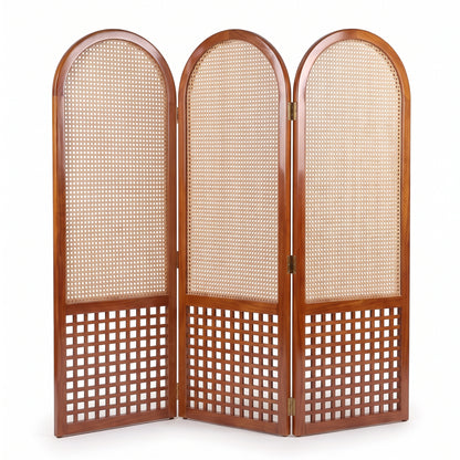 Suryavanshi Arched Sheesham Wood Room Divider with Natural Cane Weave - Foldable 3 Panel Screen
