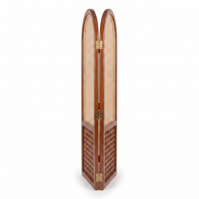 Suryavanshi Arched Sheesham Wood Room Divider with Natural Cane Weave - Foldable 3 Panel Screen
