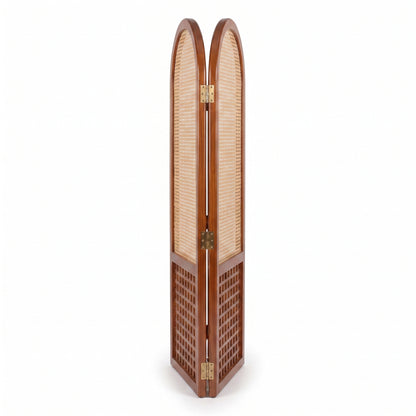 Suryavanshi Arched Sheesham Wood Room Divider with Natural Cane Weave - Foldable 3 Panel Screen