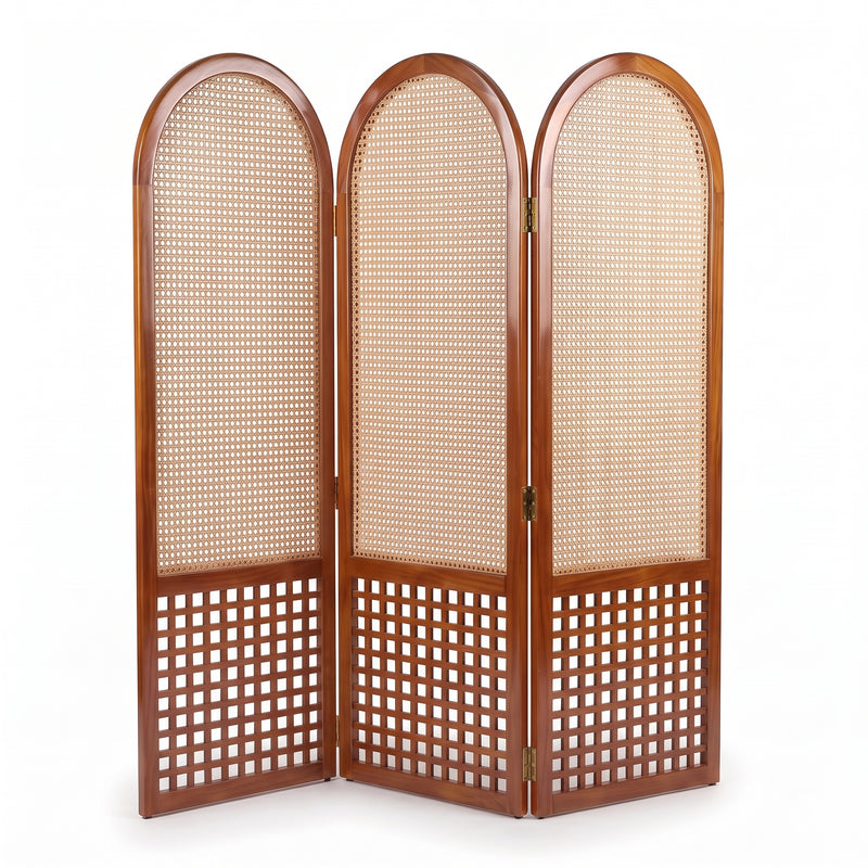 Suryavanshi Arched Sheesham Wood Room Divider with Natural Cane Weave - Foldable 3 Panel Screen