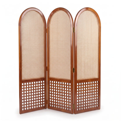 Suryavanshi Arched Sheesham Wood Room Divider with Natural Cane Weave - Foldable 3 Panel Screen