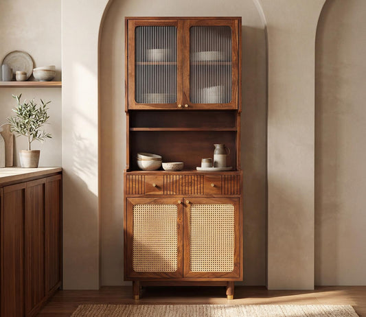 Artisan Small Kitchen Cabinet with Fluted Glass, Cane Weave & Brass Knobs