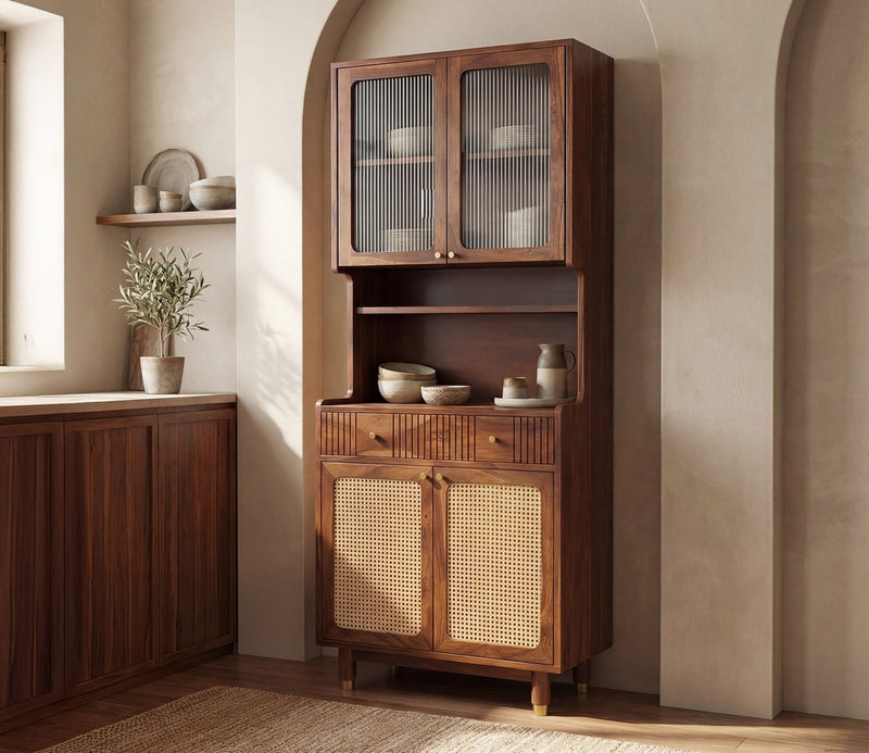Artisan Small Kitchen Cabinet with Fluted Glass, Cane Weave & Brass Knobs
