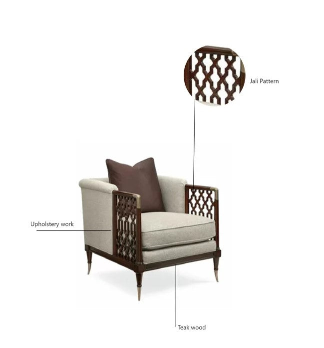 Modern Accent Armchair with Upholstered Cushion Seat, Solid Wood Frame, Decorative Lattice Arms & Throw Pillow