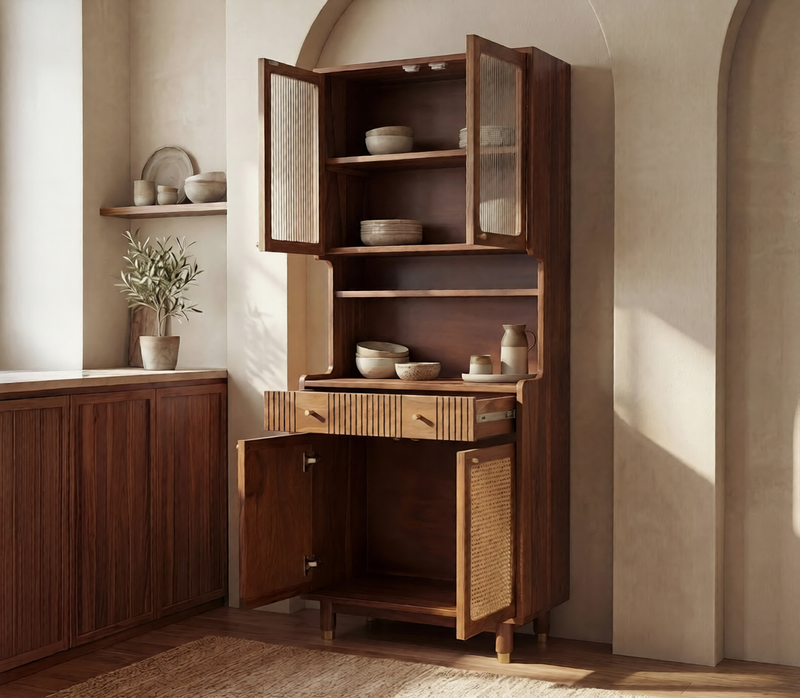 Artisan Small Kitchen Cabinet with Fluted Glass, Cane Weave & Brass Knobs