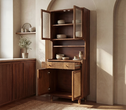 Artisan Small Kitchen Cabinet with Fluted Glass, Cane Weave & Brass Knobs
